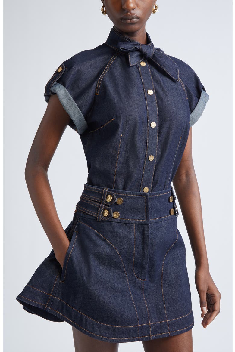 Tie Neck Denim Shirt, Alternate, color, NIGHT SKY