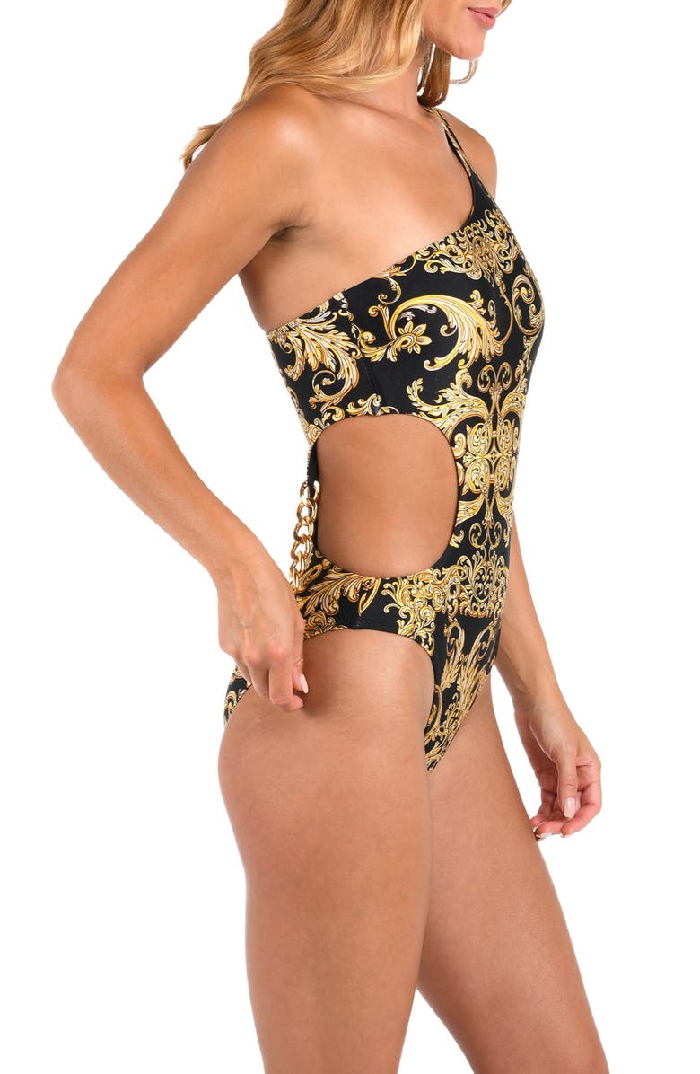 L'AGENCE Ava Baroque One-Shoulder One-Piece Swimsuit, Alternate, color, Black