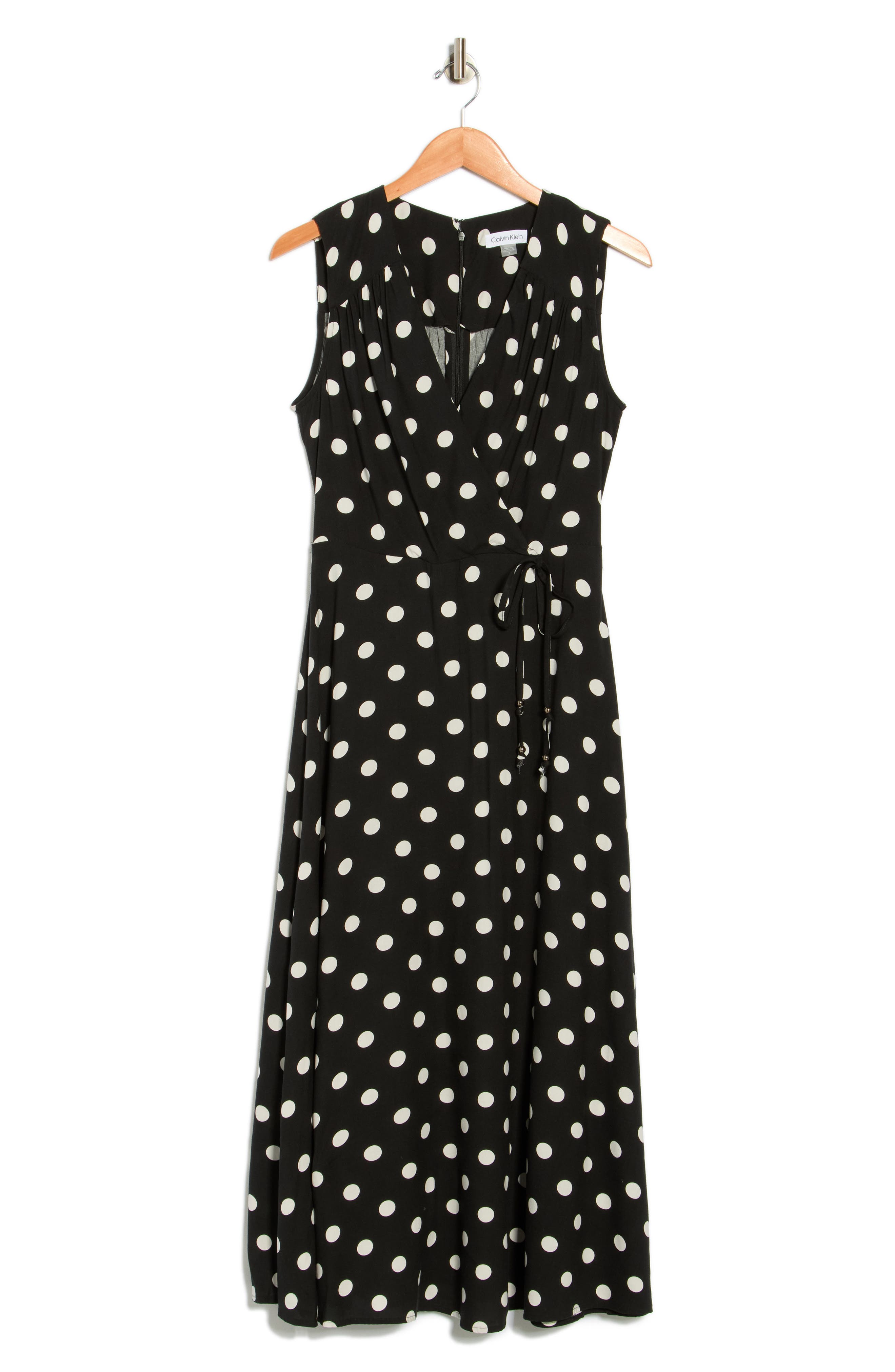 Calvin Klein Polka Dot Sleeveless Faux Wrap Maxi Dress