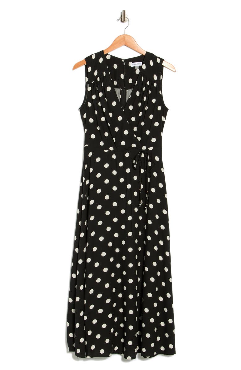 Calvin Klein Polka Dot Sleeveless Faux Wrap Maxi Dress, Main, color, Black Cream