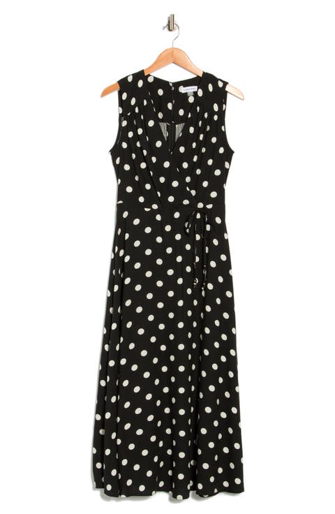 Polka Dot Sleeveless Faux Wrap Maxi Dress