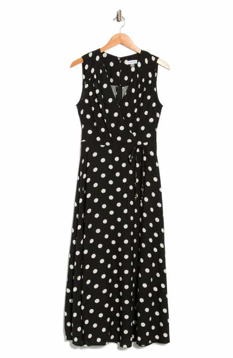 Calvin Klein Polka Dot Sleeveless Faux Wrap Maxi Dress