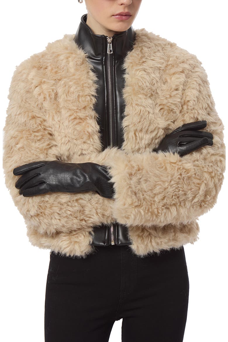 Lillet Pluche™ Bomber Jacket with Faux Leather Bib, Alternate, color, NOIR/ BONE