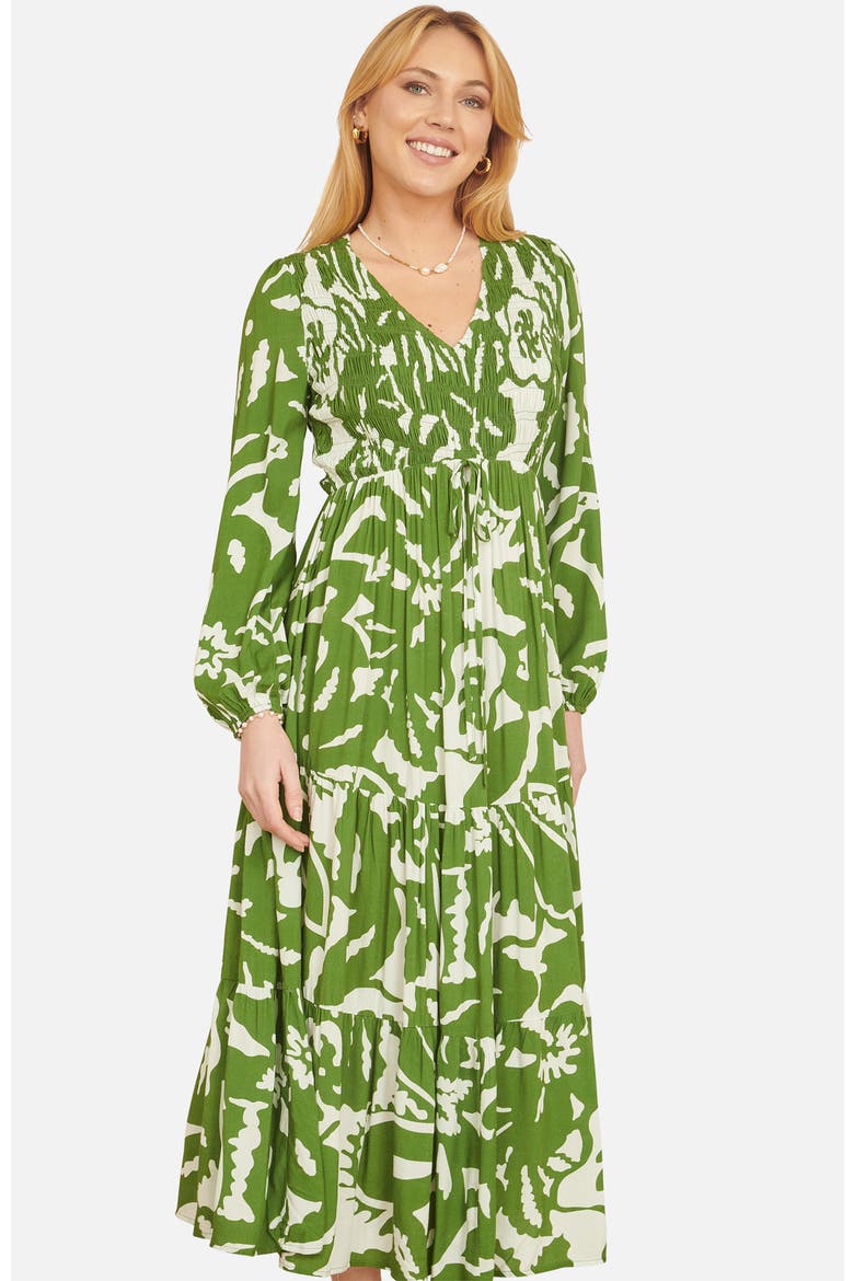 Abstract Print Ruched V-Neck Midi Dress, Alternate, color, Green