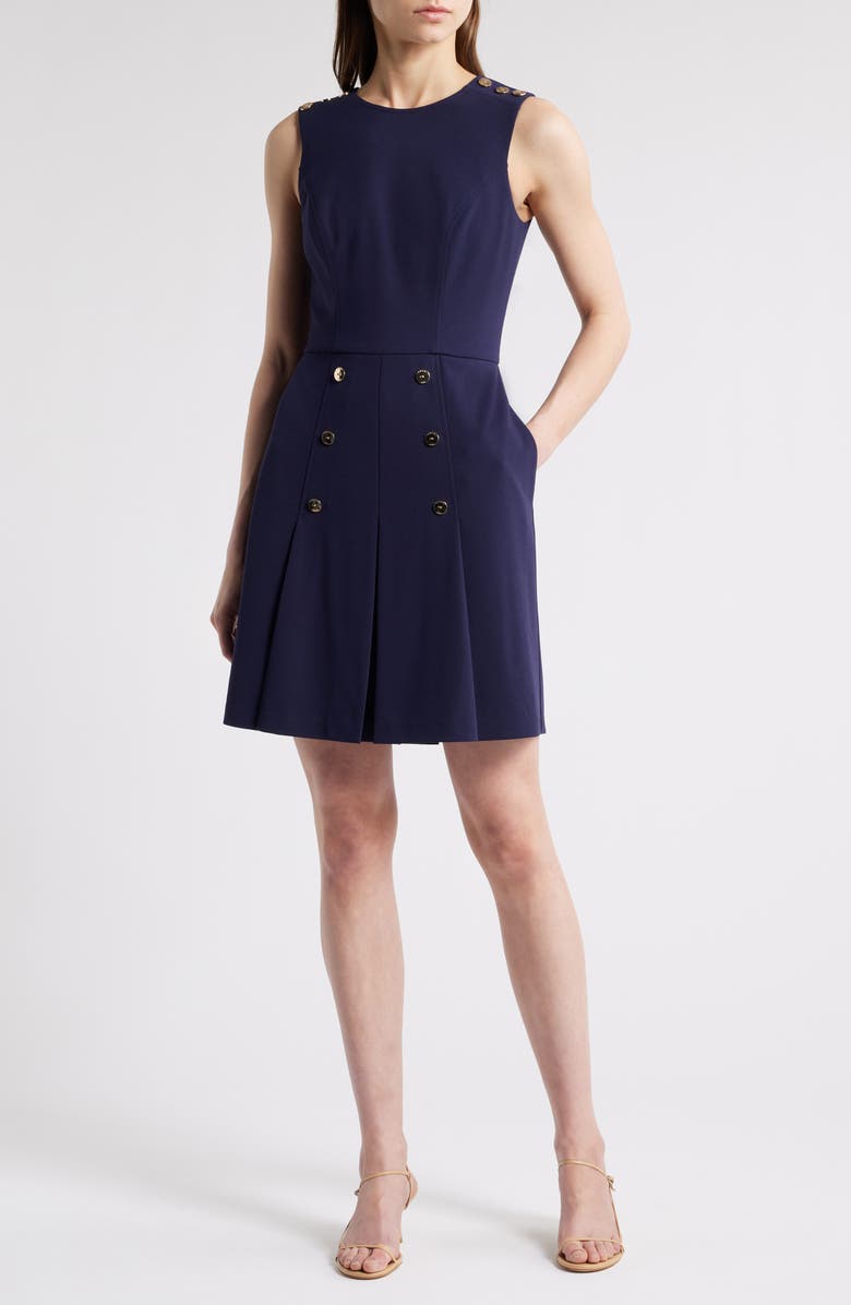 Tahari ASL Button Detail Sleeveless Crepe Dress, Main, color, Midnight Navy
