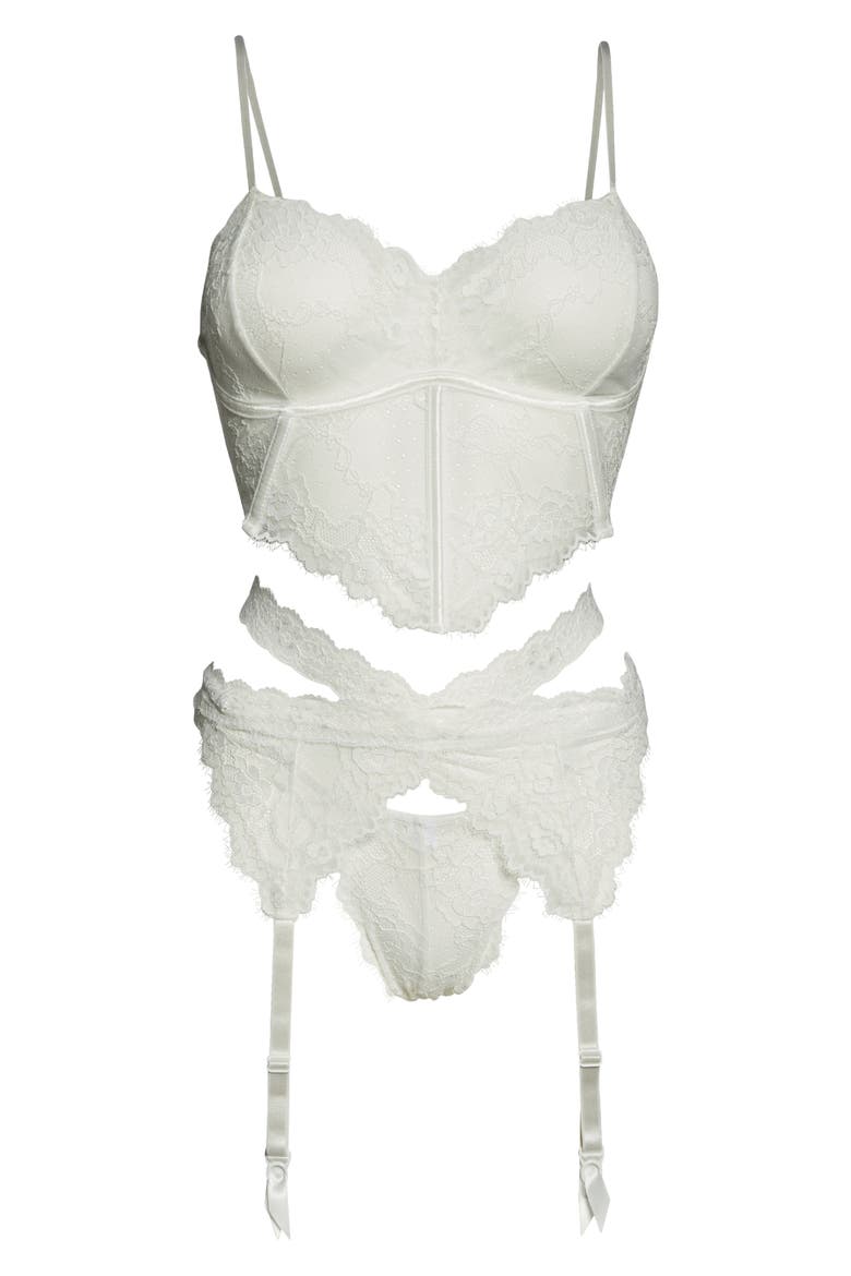 Lace Bra, Garter Belt & G-String Thong, Alternate, color, WHITE