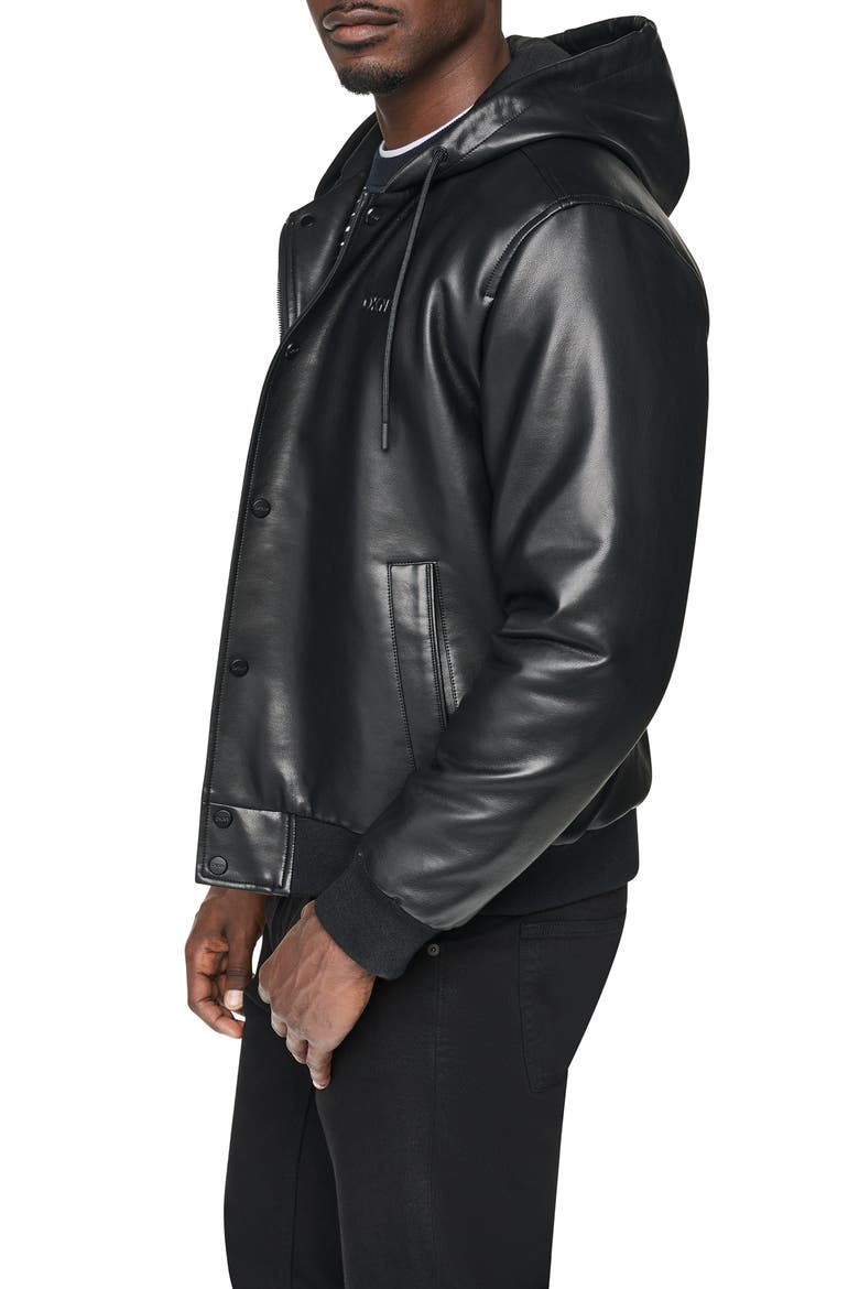 Faux Leather Hooded Bomber Jacket, Alternate, color, BLACK