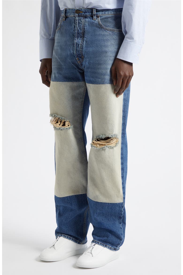 Ripped Patched Panel Straight Leg Jeans, Alternate, color, MEDIUM BLUE