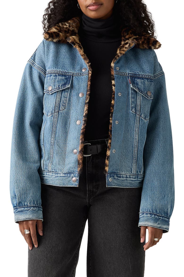 '90s Faux Fur Collar Denim Trucker Jacket, Main, color, DOLLY DAY