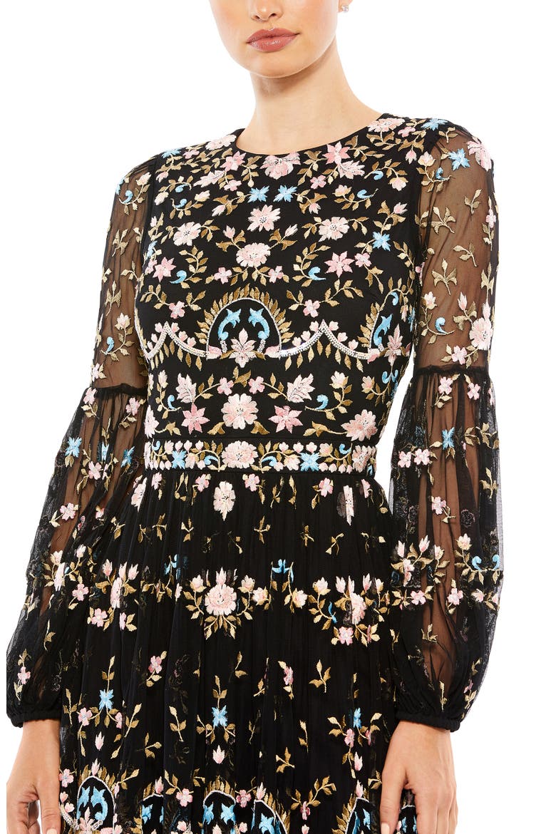 Embroidered Floral Long Sleeve Gown, Alternate, color, BLACK