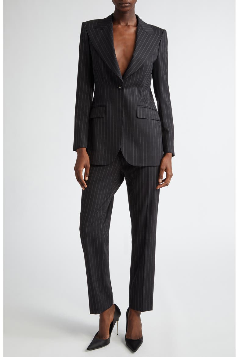 Pinstripe Stretch Virgin Wool Jacket, Alternate, color, BLACK