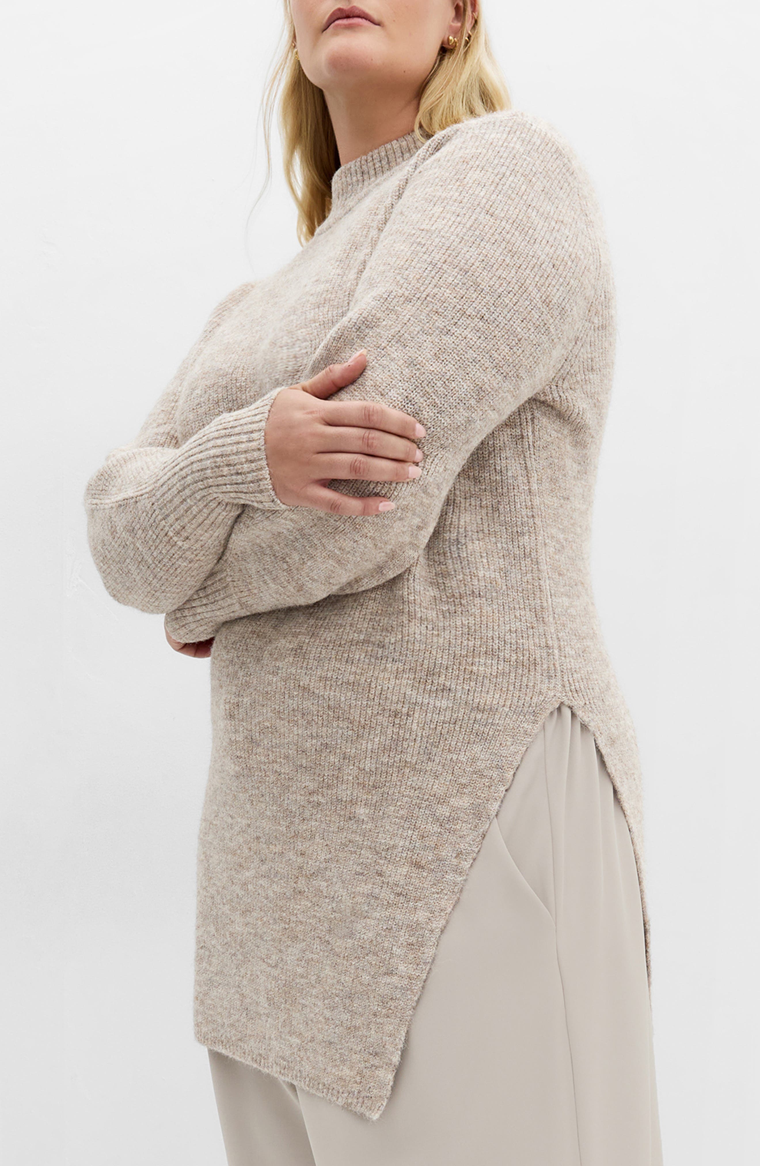 City Chic Side Split Mock Neck Longline Sweater in Taupe 