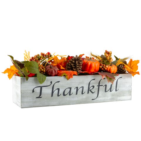 Pumpkins, Wheat and Pinecones 'Thankful' Wood Box Fall Harvest Centerpiece - 21"