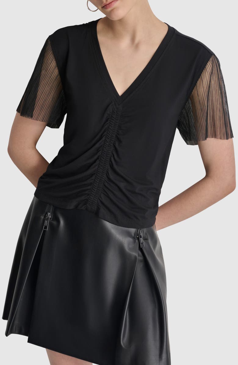 DKNY Plissé Sleeve V-Neck Top, Main, color, 