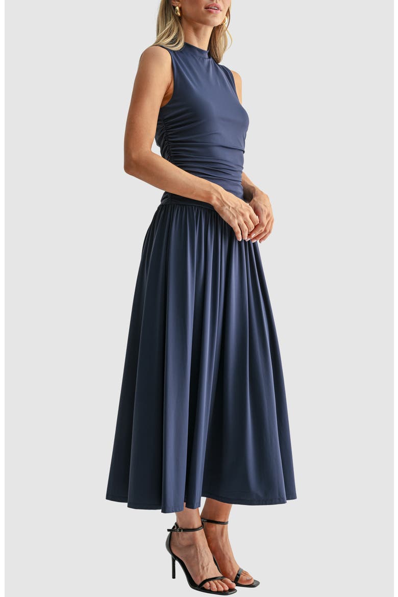 Ruched Mock Neck Drop Waist Fit & Flare Midi Dress, Alternate, color, NAVY