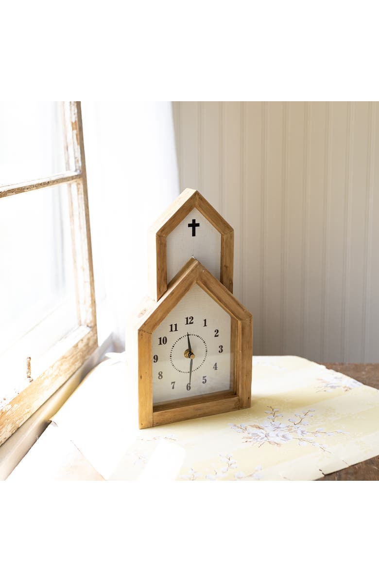 Foreside Home and Garden Church Tabletop Clock Wood MDF & Glass, Alternate, color, Brown