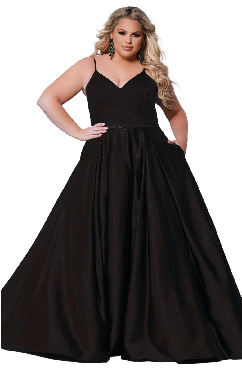 Sydney's Closet Satin A-Line V-Neck Plus Size Evening Gown, Main, color, Black
