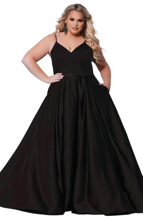 Satin A-Line V-Neck Plus Size Evening Gown