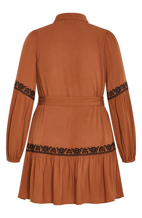 City Chic Marlie Long Sleeve Embroidered Minidress In Brown