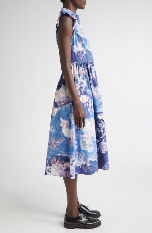 Erdem Floral Print Sleeveless Crinkled Satin Midi Dress In Blue