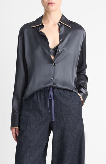 Vince Silk Satin Blouse In Graphite/rye