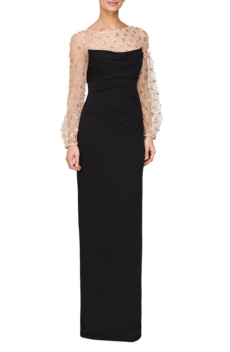 JS Collections Risha Metallic Floral Appliqué Detail Long Sleeve Crepe Column Gown, Alternate, color, 