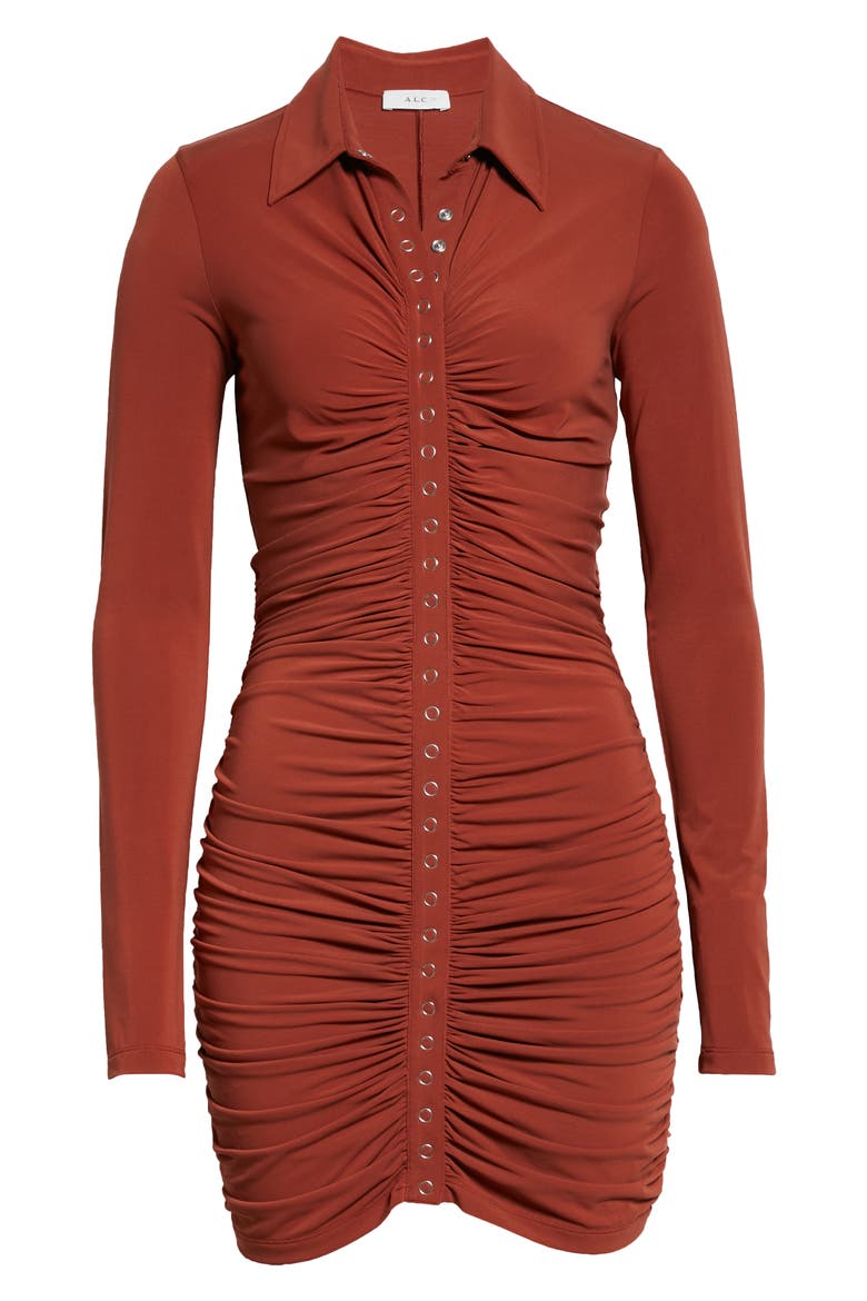 Larsen Ruched Long Sleeve Minidress, Alternate, color, BRANDY BROWN