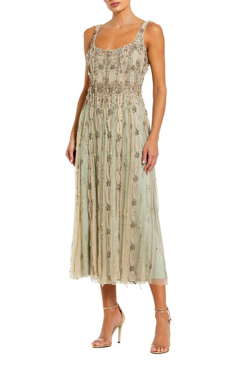 Embellished Mesh Sleeveless Scoop Neck Midi Dress