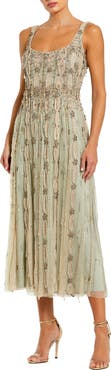 Mac Duggal Embellished Mesh Sleeveless Scoop Neck Midi Dress