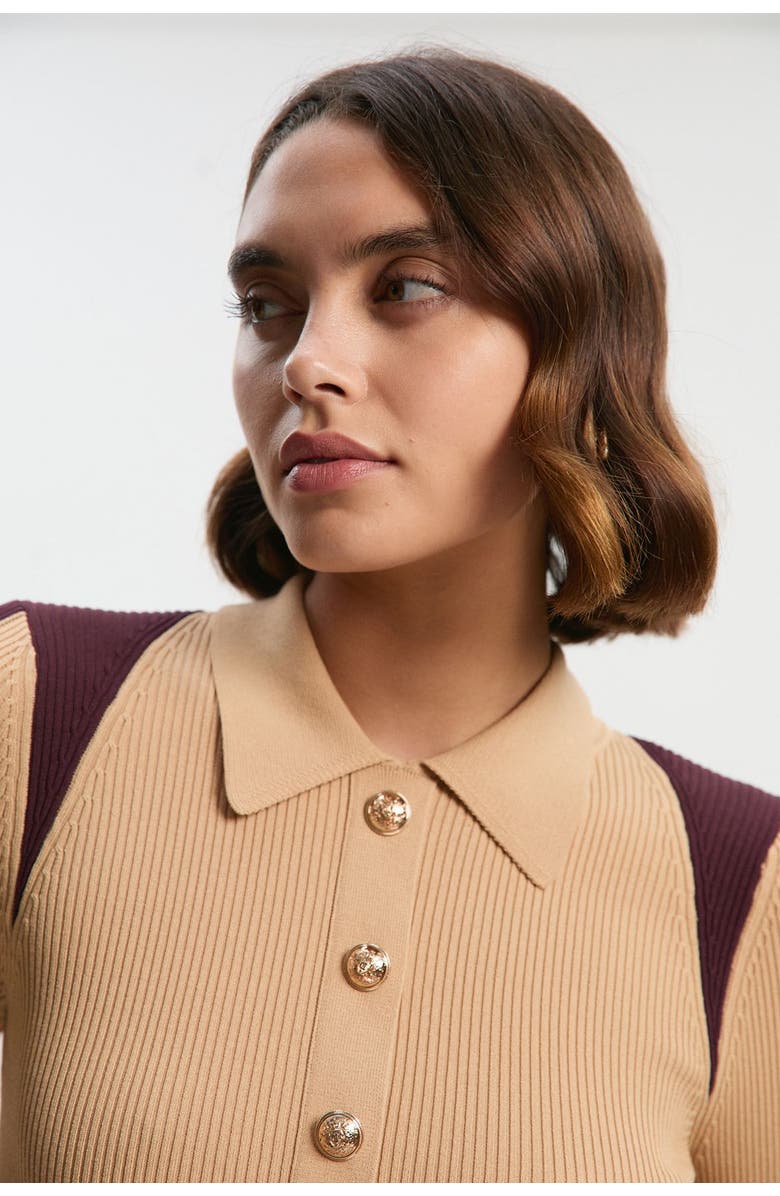 Karen Millen Rib Knit Colour Block Midi Dress, Alternate, color, Natural