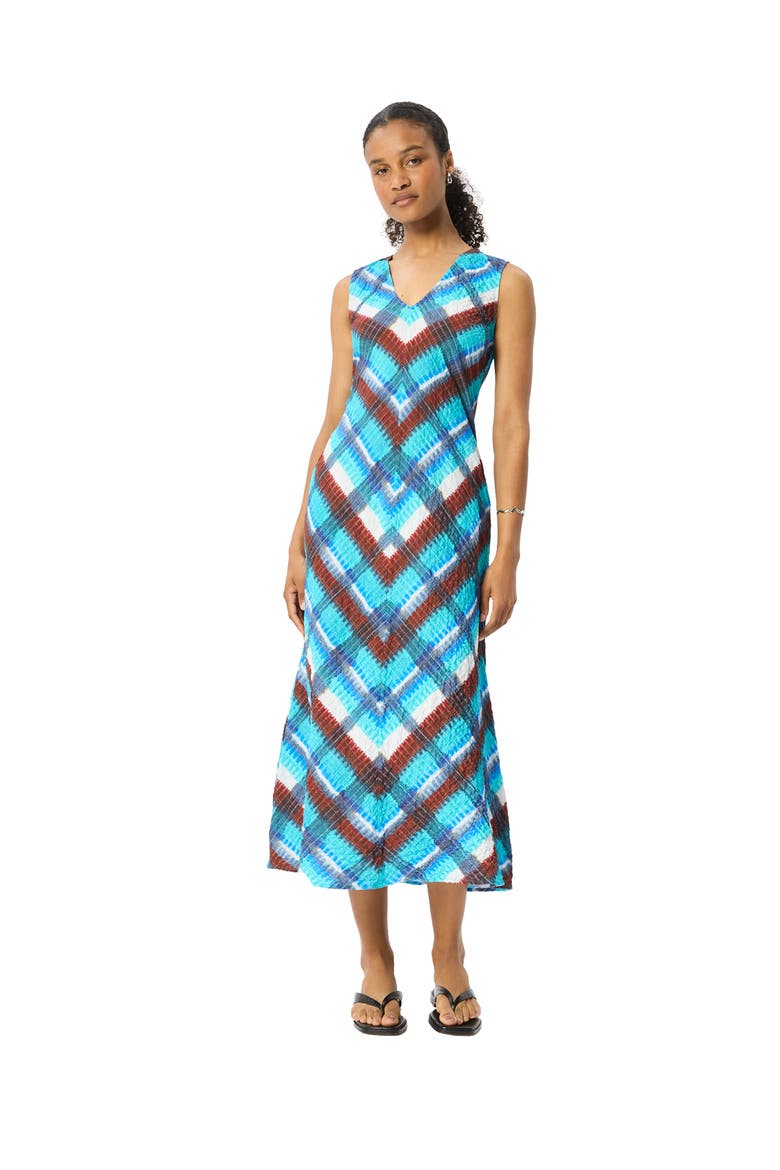 Checked V-Neck Textured Dress, Main, color, Blue/Multi
