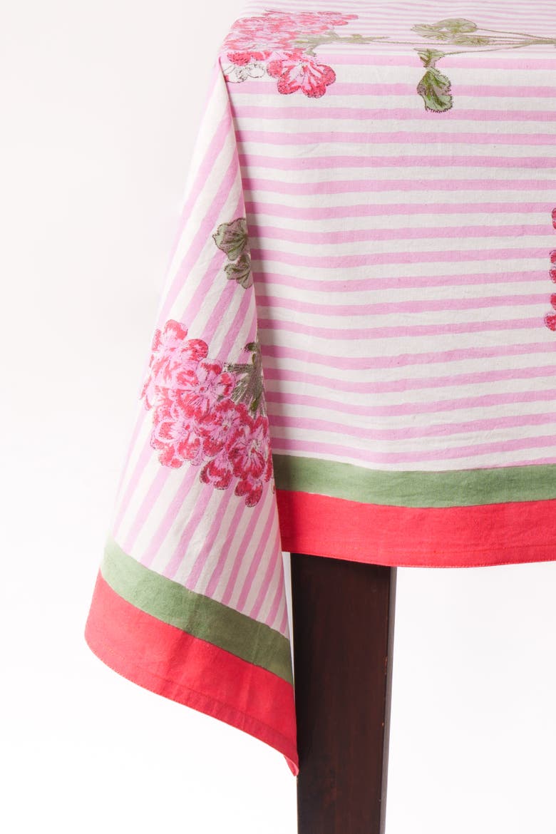 Pink Hydrangea Blockprint Tablecloth, Alternate, color, Pink Hydrangea - 60x90