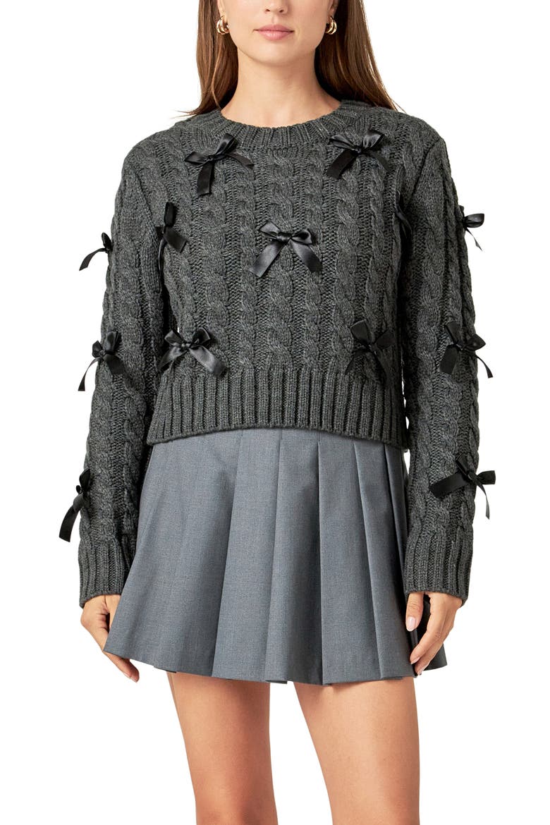 Bow Accent Cable Crewneck Sweater, Alternate, color, CHARCOAL
