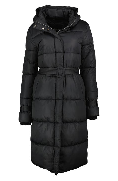 Mara Belted Maxi Puffer Coat with Removable Hood