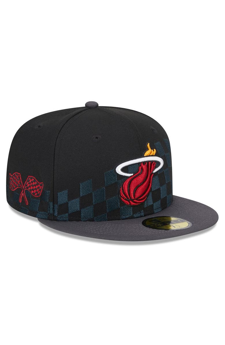 New Era Men's New Era Black Miami Heat Rally Drive Checkerboard 59FIFTY Crown Fitted Hat, Main, color, Black