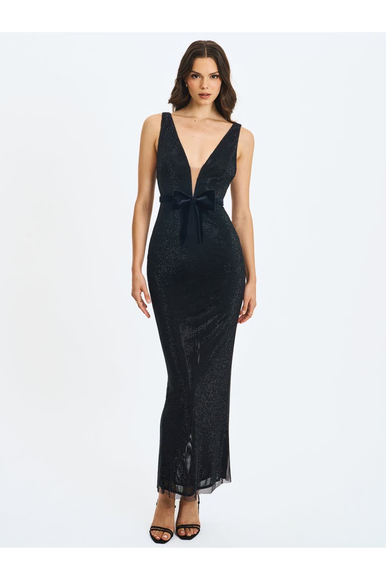 Olympia Belted Bow Plunging Rhinestone Maxi Dress, Alternate, color, Black