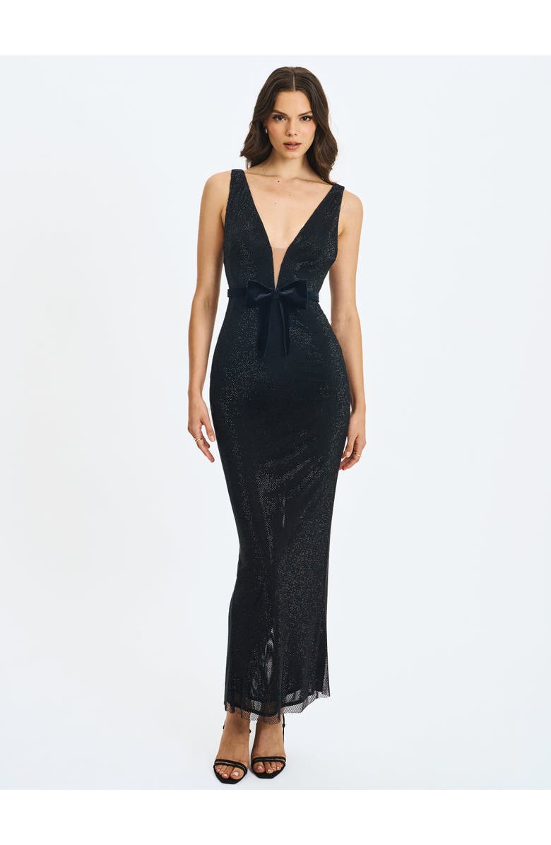 Miss Circle Olympia Belted Bow Plunging Rhinestone Maxi Dress, Alternate, color, Black