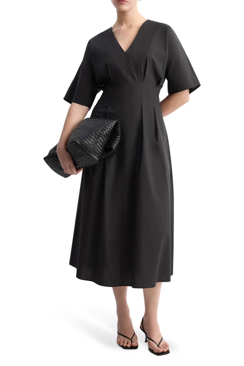 Pleated Flare Midi Dress, Main, color, BLACK