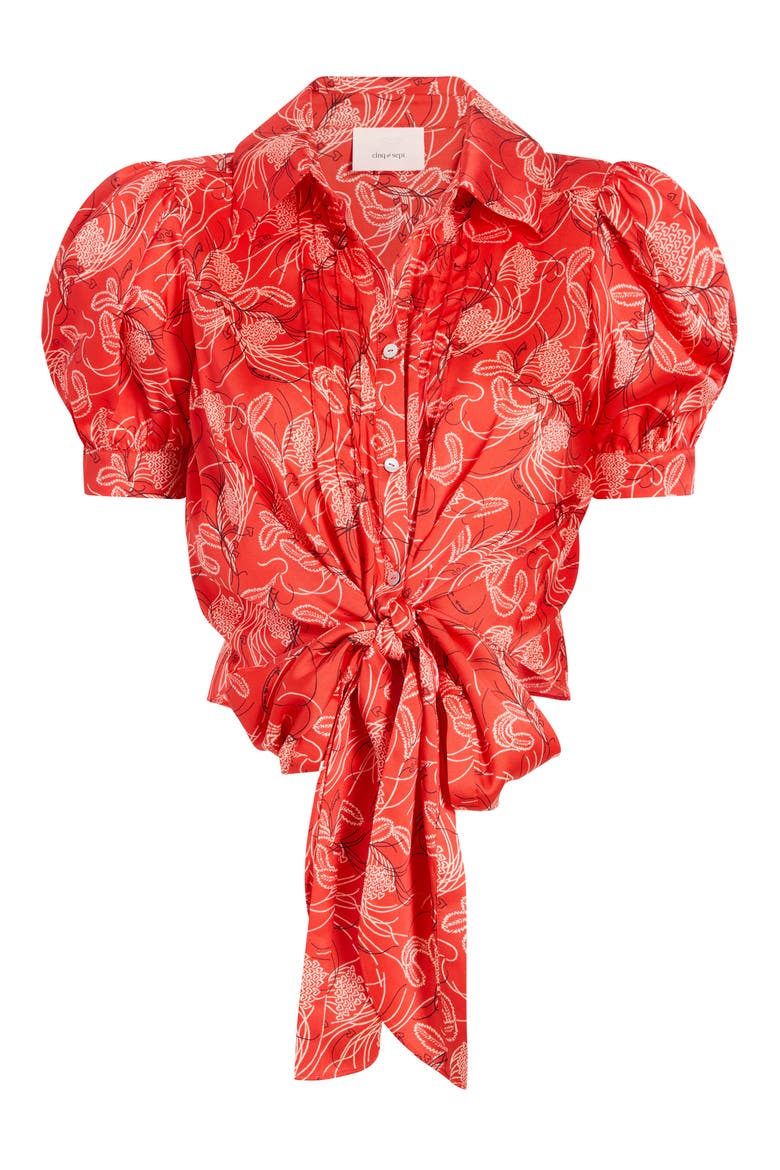 Abena Floral Puff Sleeve Tie Front Button-Up Shirt, Alternate, color, BISOU MULTI