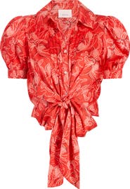 Cinq à Sept Abena Floral Puff Sleeve Tie Front Button-Up Shirt