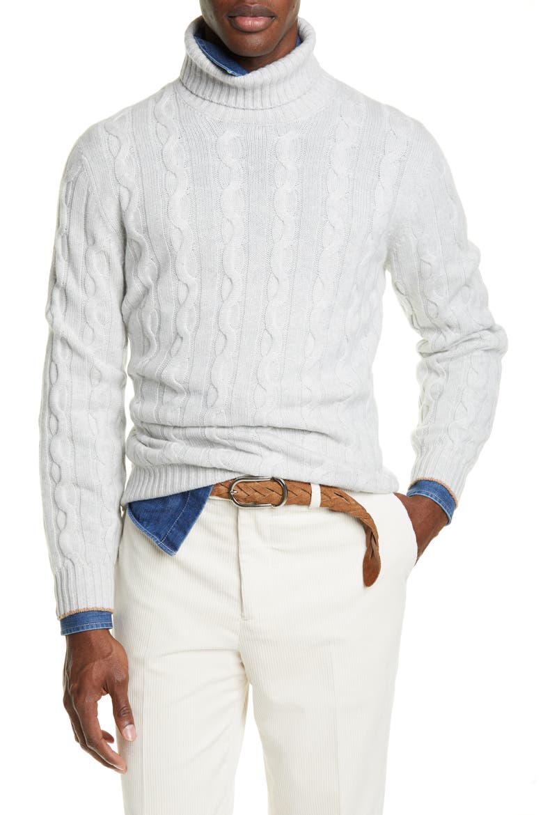Cable Knit Cashmere Turtleneck Sweater, Main, color, FOG