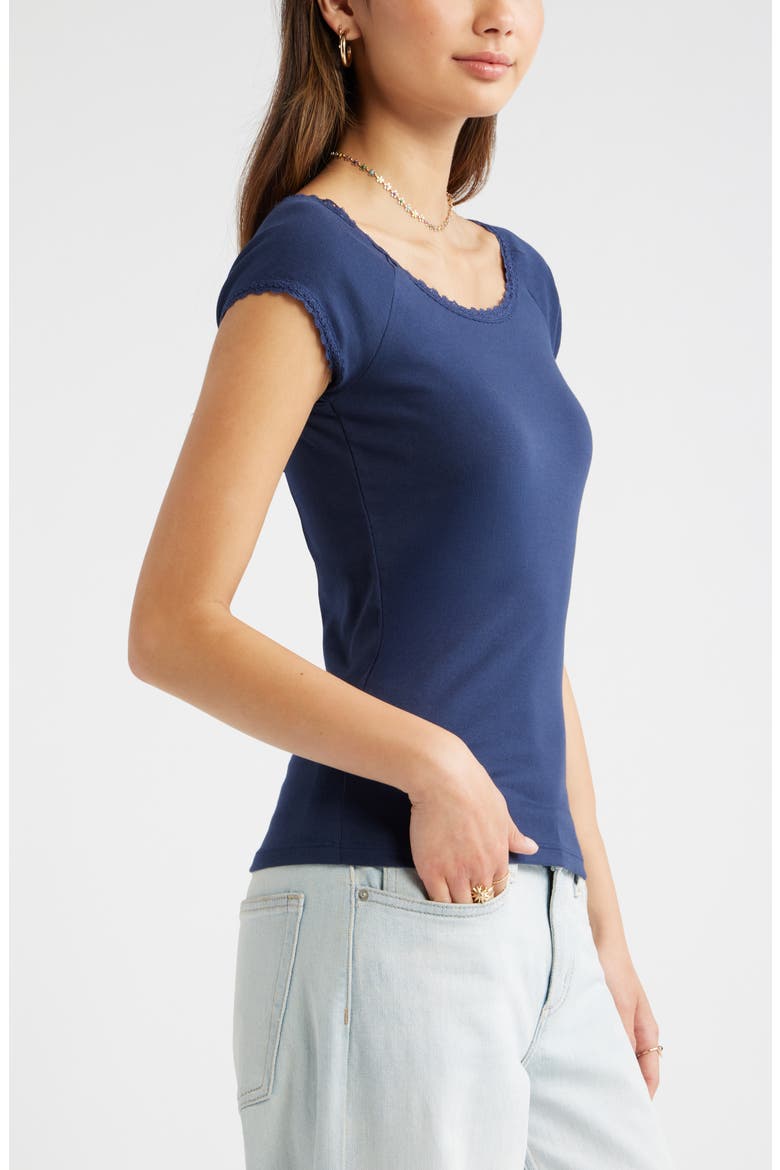 Lace Trim Cotton Blend T-Shirt, Alternate, color, NAVY IRIS