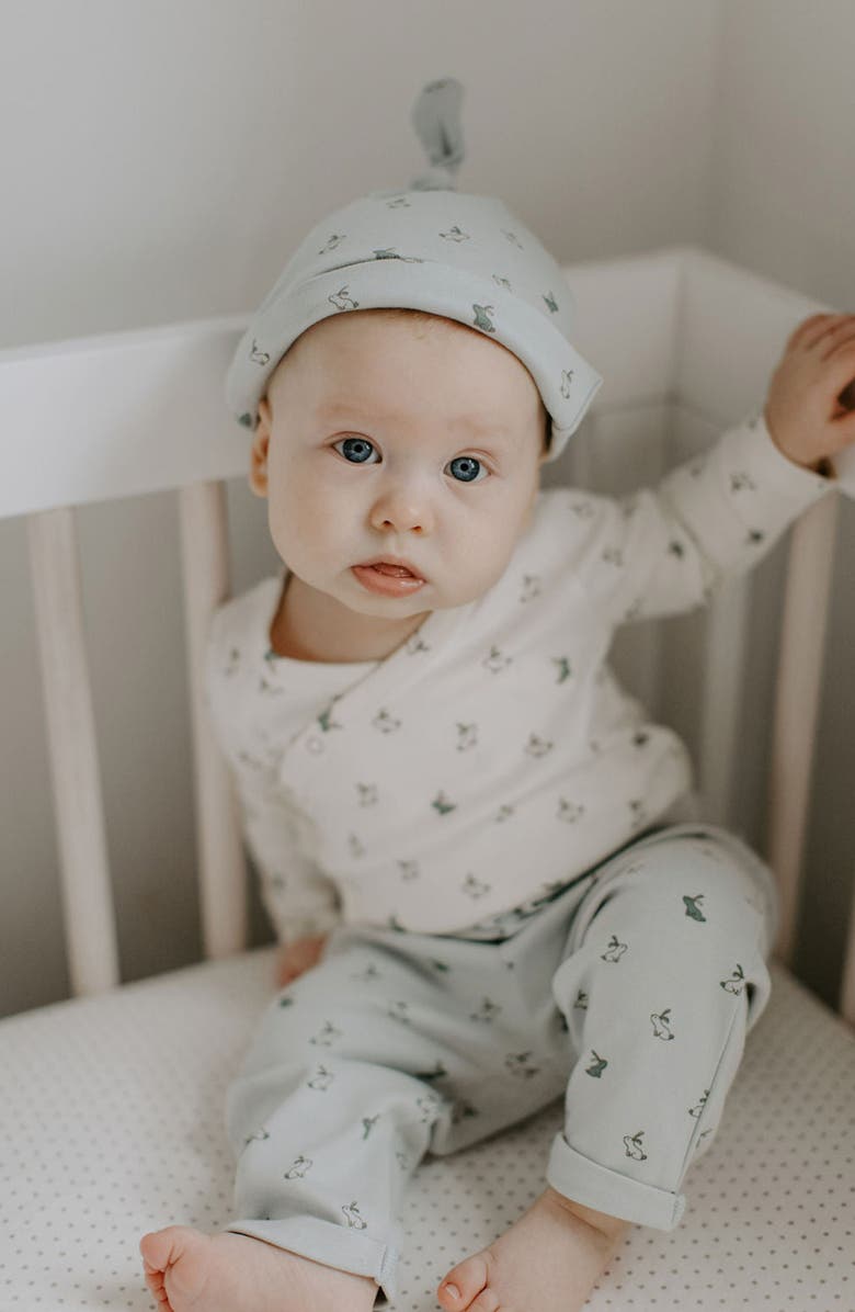 Pehr Bunny Print Wrap Bodysuit, Leggings & Knotted Hat Set, Alternate, color, Hatchling Bunny