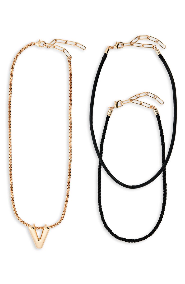 Open Edit Set of 3 Interchangeable Initial Pendant Necklaces, Alternate, color, V- Black- Gold