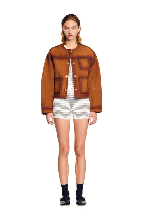 Sandro Josh Lambskin Leather Jacket In Camel