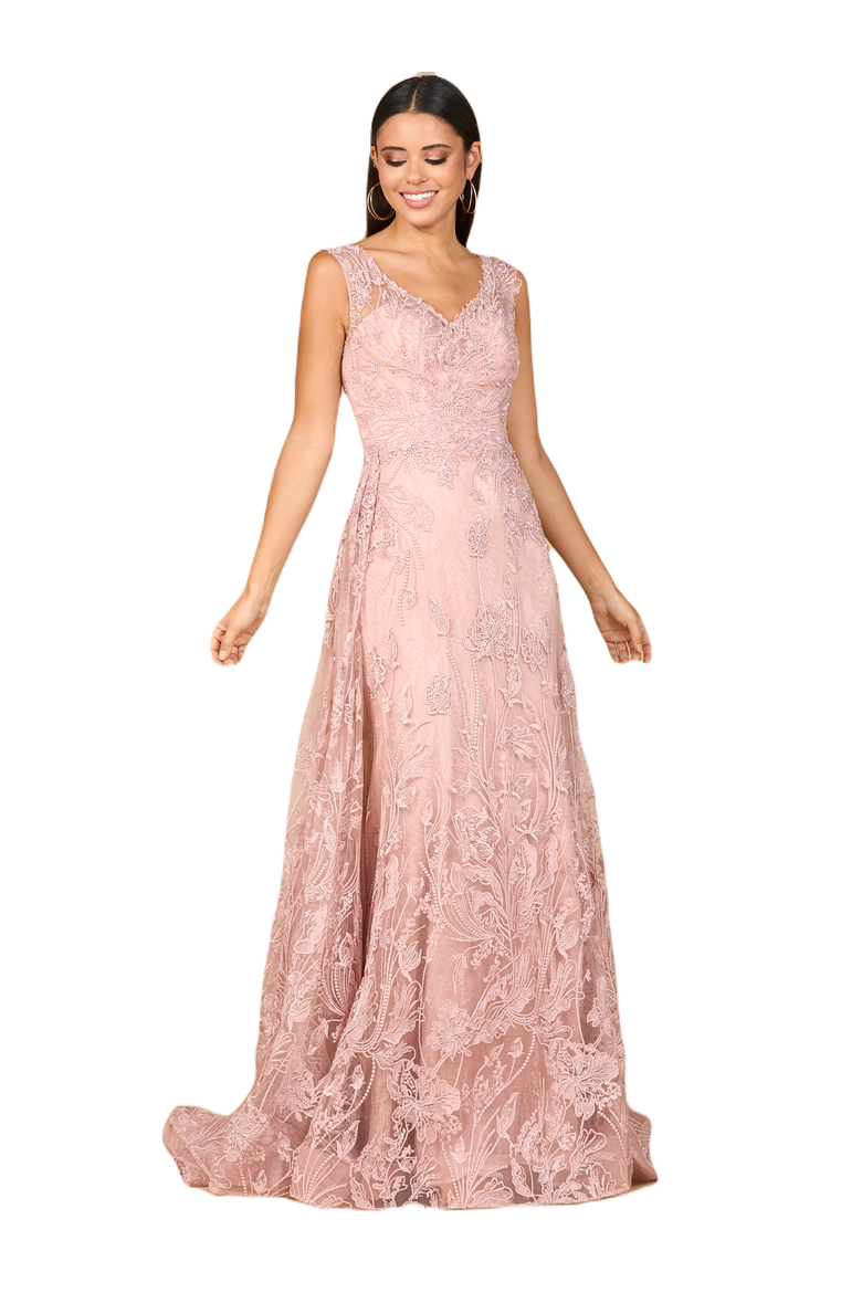 Overskirt Lace Fitted V - Neck Gown, Main, color, Blush