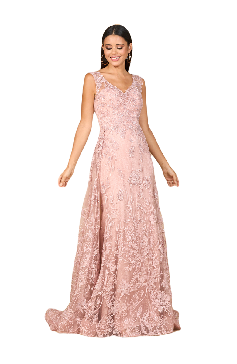 LARA New York Overskirt Lace Fitted V - Neck Gown, Main, color, Blush