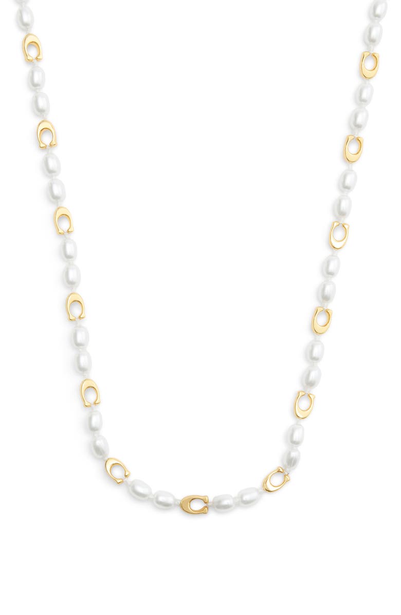 COACH Faux Pearl & Logo Collar Necklace, Main, color, Pearl/ Gold