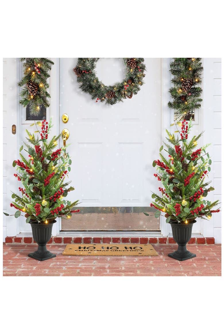 3FT Christmas Lighted Pine Needle Urn Porch Tree with Timer, Alternate, color, Green