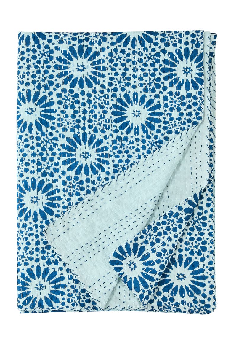 Flower Burst Kantha Cotton Coverlet, Main, color, INDIGO